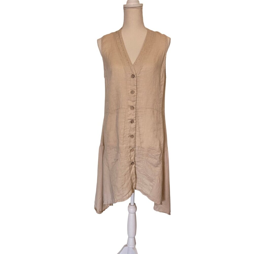 Inizio Italy Tan/Natural Linen Blend Sleeveless Button Front Dress Womens Medium